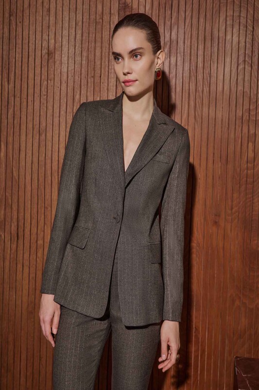 Larisa Çizgili Koyu Kahverengi Ceket, Larisa Çizgili Koyu Kahverengi Pantolon Kombini