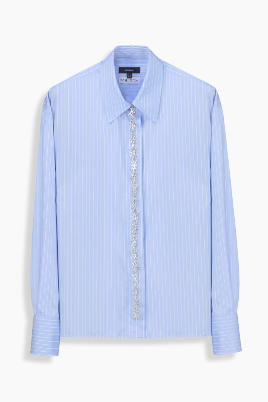 Rosetta Çizgili Taşlı Mavi Gömlek, Estrella Tasarım Siyah Pantolon Kombini