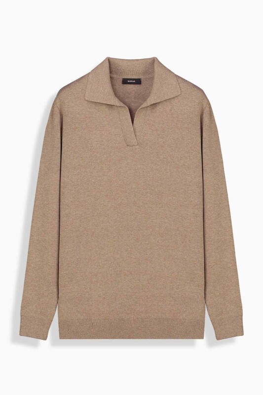 Trener Düğmesiz Polo Yaka Triko Sweatshirt, Trener Triko Vizon Eşofman Altı Kombini