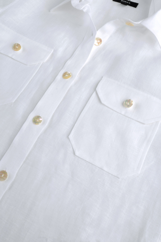 Adeline Kısa Kol Keten Beyaz Gömlek - SARAR WOMAN