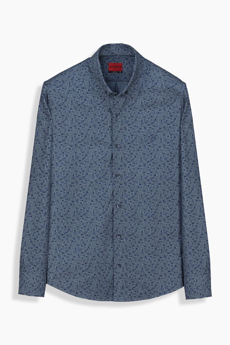 Carina Regular Desenli İndigo Mavi Gömlek - 1