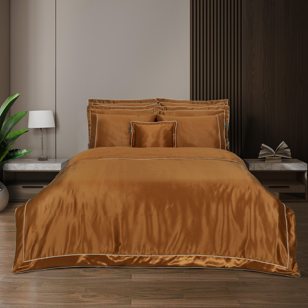 Clio %100 İpek Saten Nevresim Takımı Çift Kişilik Hardal - 1