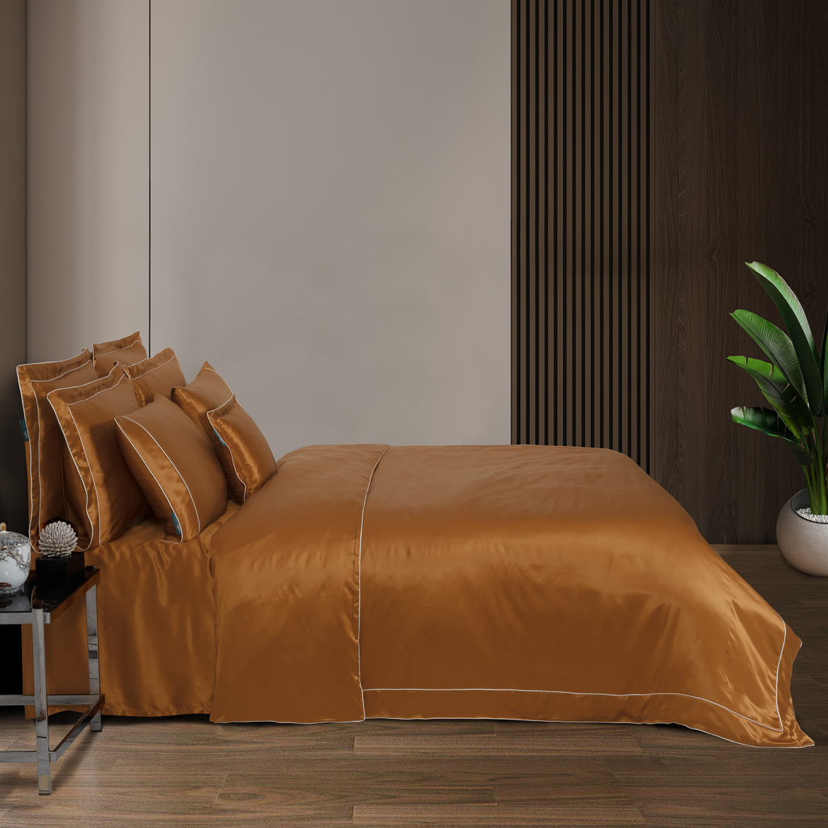 Clio %100 İpek Saten Nevresim Takımı Çift Kişilik Hardal - 2