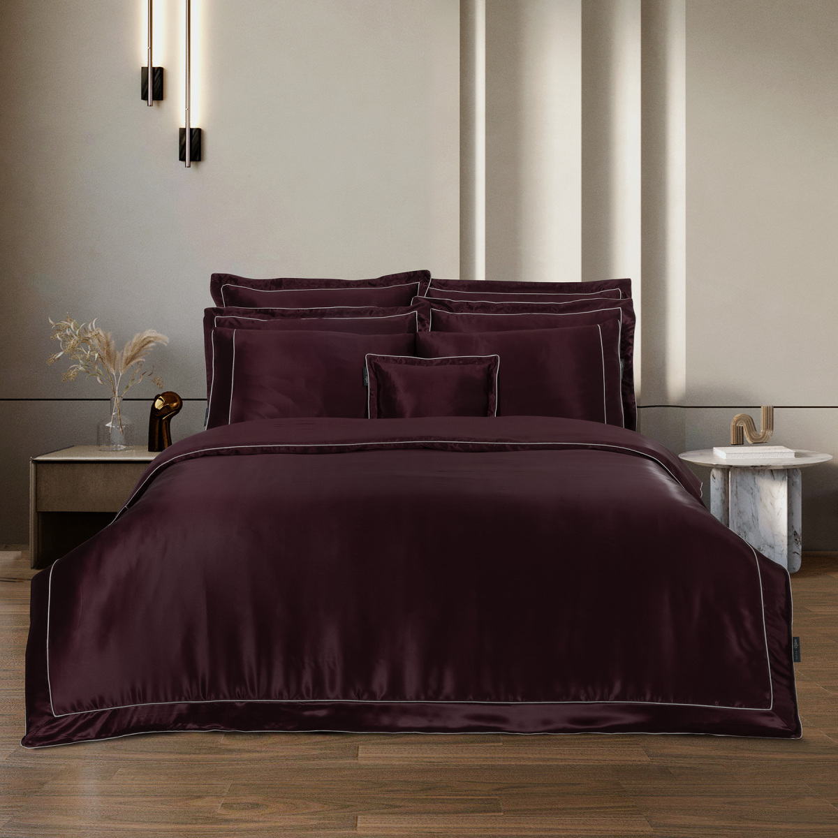 Clio %100 İpek Saten Nevresim Takımı Çift Kişilik Bordo - 1