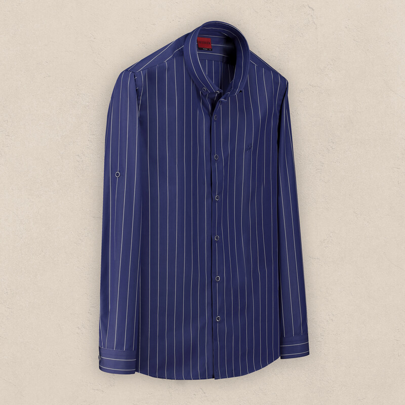 Drew Çizgili Lacivert Pamuklu Gömlek 