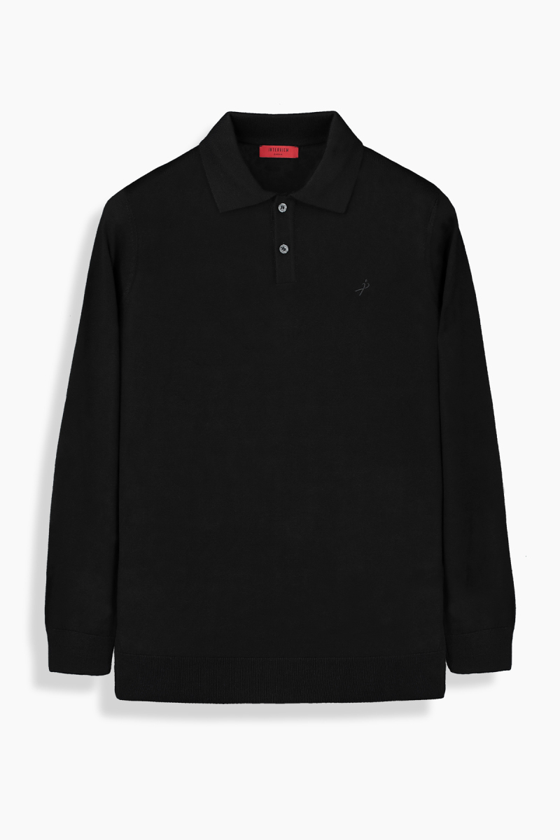 Düğmeli Polo Yaka Erkek Siyah Triko - 1