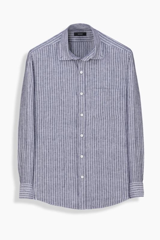 Eleta Çizgili Lacivert Keten Gömlek 