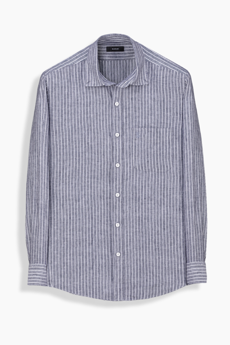 Eleta Çizgili Lacivert Keten Gömlek - 1