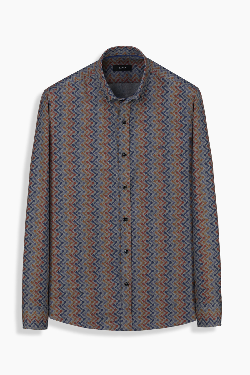 Eleta Uzun Kol Slim Desenli Gri Gömlek - 1