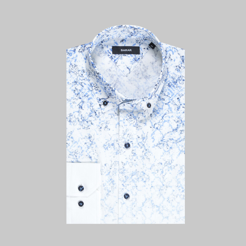 Eleta Uzun Kol Desenli Slim Mavi Gömlek - SARAR