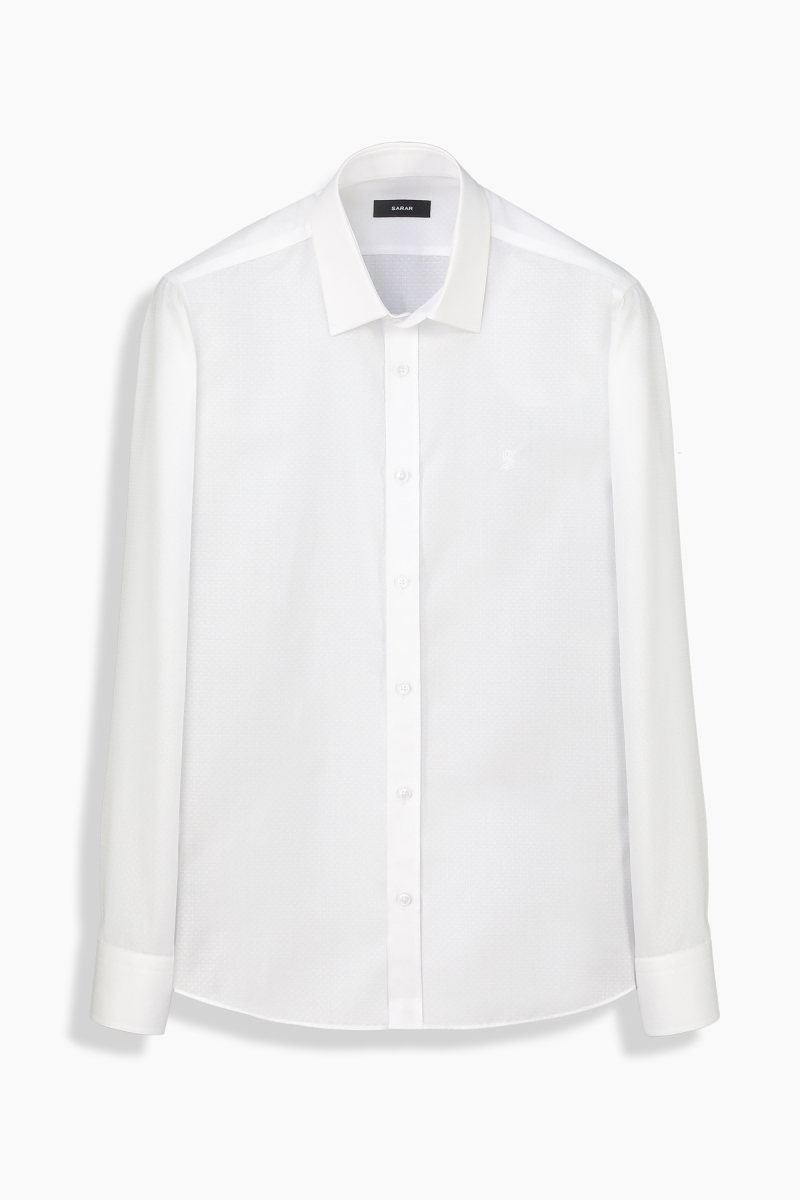Elvio Mikro Desenli Slim Fit Beyaz Pamuk Gömlek - 1