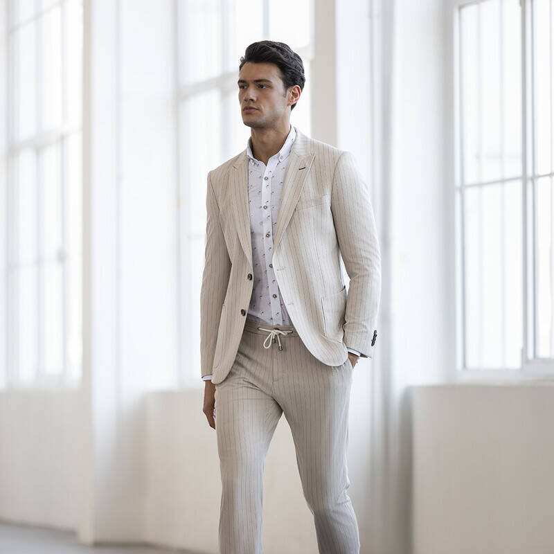 Ely Beli Bağcıklı Çizgili Bej Pantolon - 5