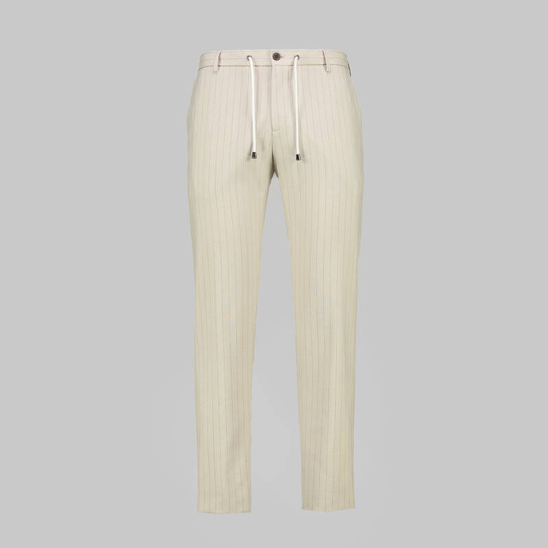 Ely Beli Bağcıklı Çizgili Bej Pantolon - 2