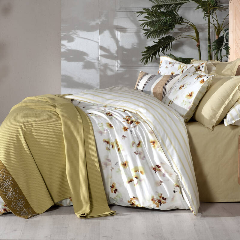 Eva Jadon Pike Takımı ve Nevresim Seti Tek Kişilik Sarı - 1