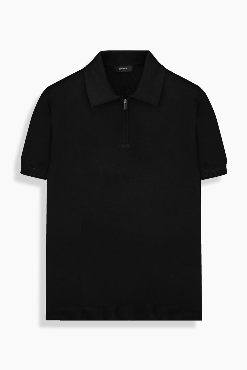 Fermuarlı Polo Yaka Siyah Triko Tişört - 1