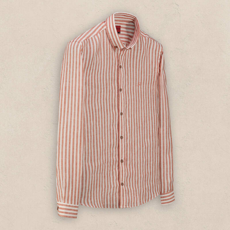 Goias Çizgili Turuncu Keten Gömlek - 1