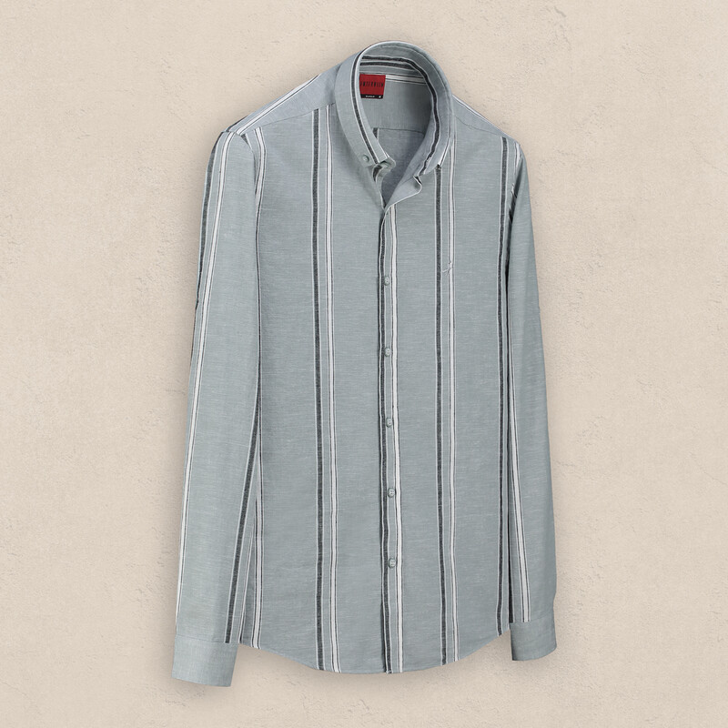 Goias Pamuk Keten Çizgili Gri Gömlek 