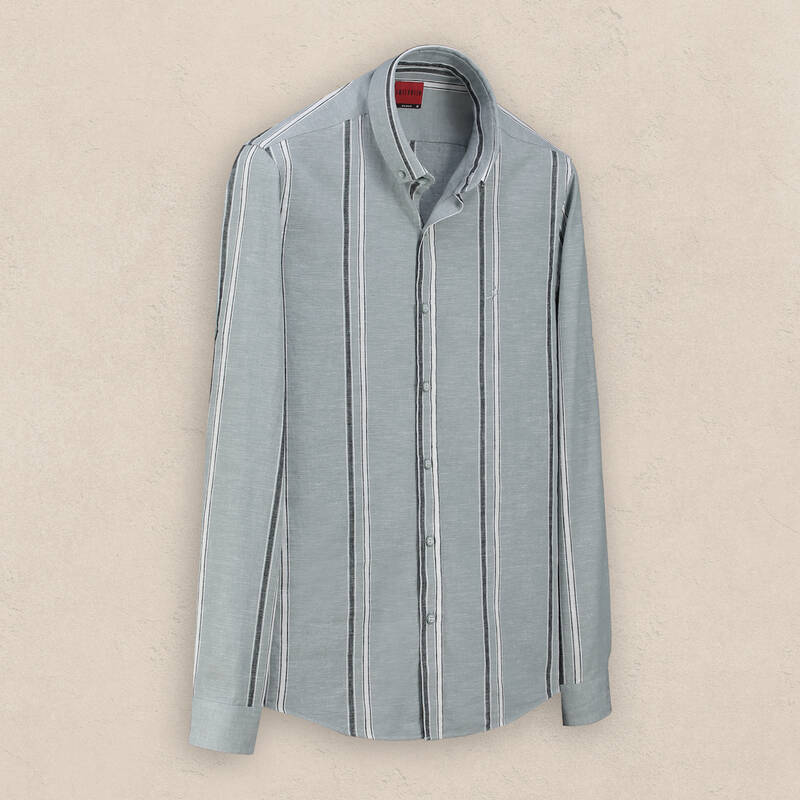 Goias Pamuk Keten Çizgili Gri Gömlek - 1