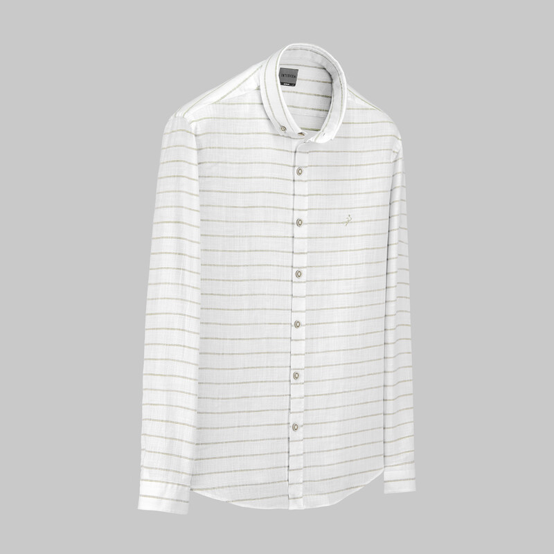 Goias Uzun Kol Çizgili Bej Pamuklu Gömlek 