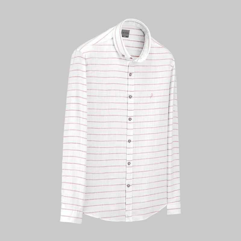 Goias Uzun Kol Çizgili Kırmızı Pamuklu Gömlek 
