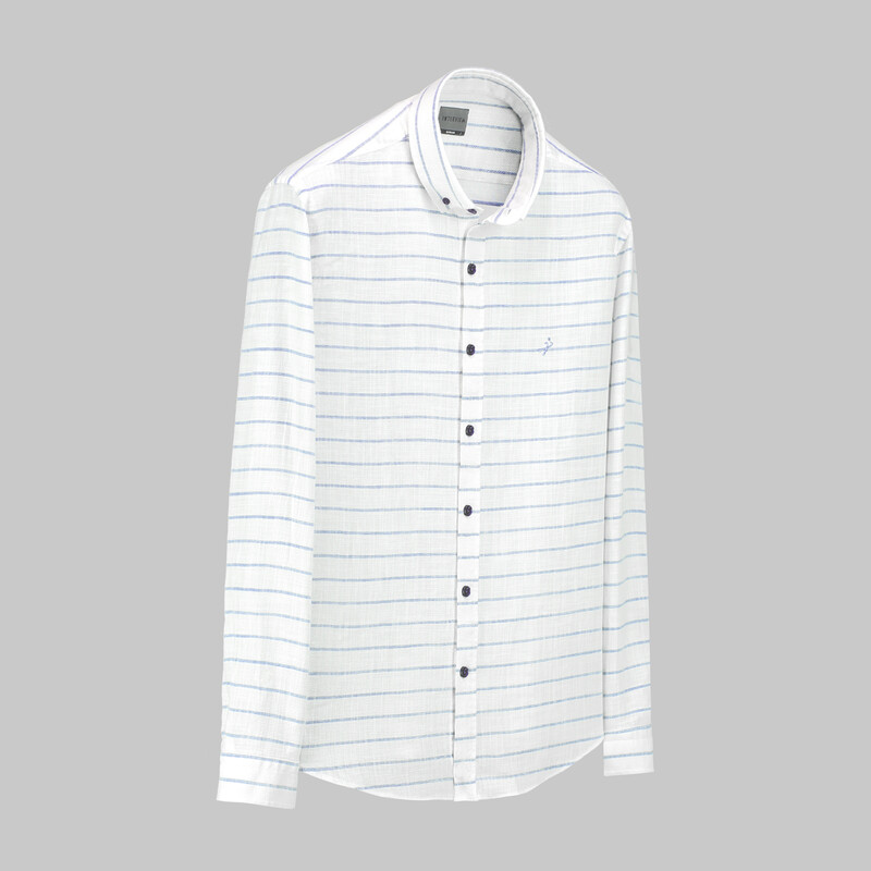 Goias Uzun Kol Çizgili Mavi Pamuklu Gömlek 