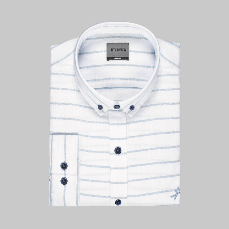 Goias Uzun Kol Çizgili Mavi Pamuklu Gömlek - 3