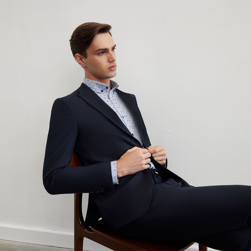 Goias Uzun Kol Desenli Lacivert Gömlek 