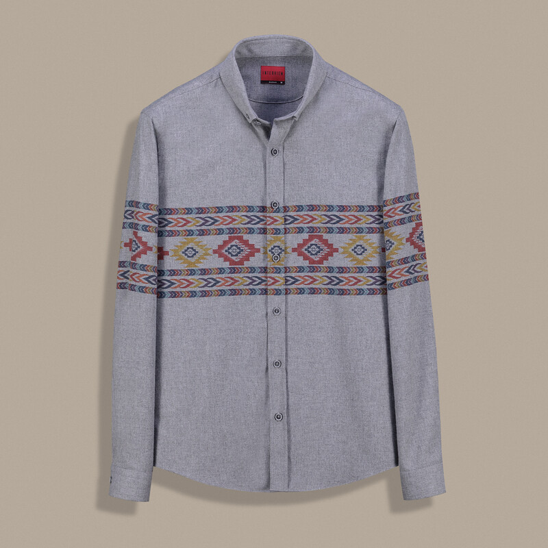 Goias Soho Etnik Desen Koyu Gri Gömlek 