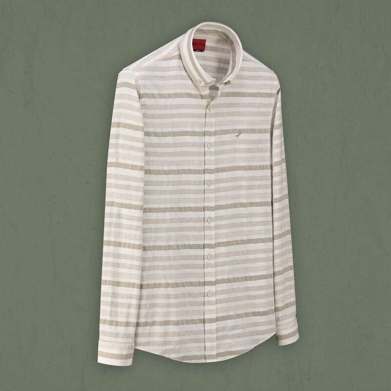 Goias Çizgili Bej Pamuklu Gömlek 