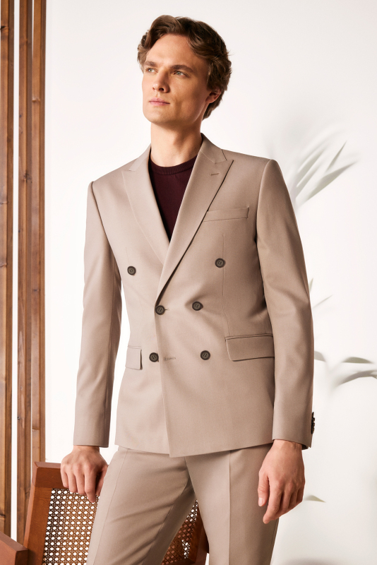 Golden Resta Ekstra Slim Fit Koyu Bej Takım Elbise 