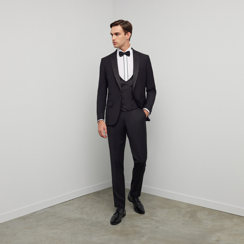 Happy Carlo Yelek Papyon Takım Slim Fit Siyah Smokin 