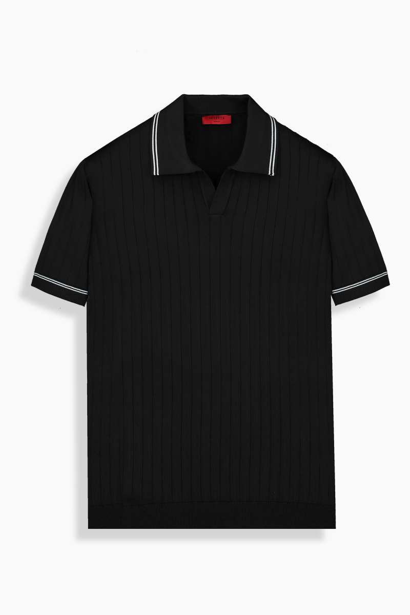 Relax Fit Siyah Fitilli Triko Polo Tişört - 1