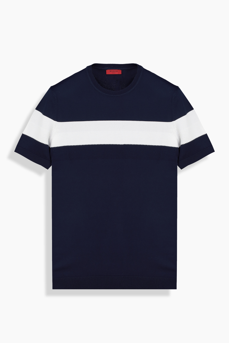 Bisiklet Yaka Lacivert Triko Tişört - 1