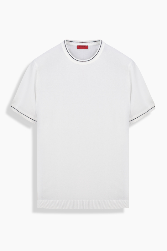 Bisiklet Yaka Desenli Ekru Triko Tişört 