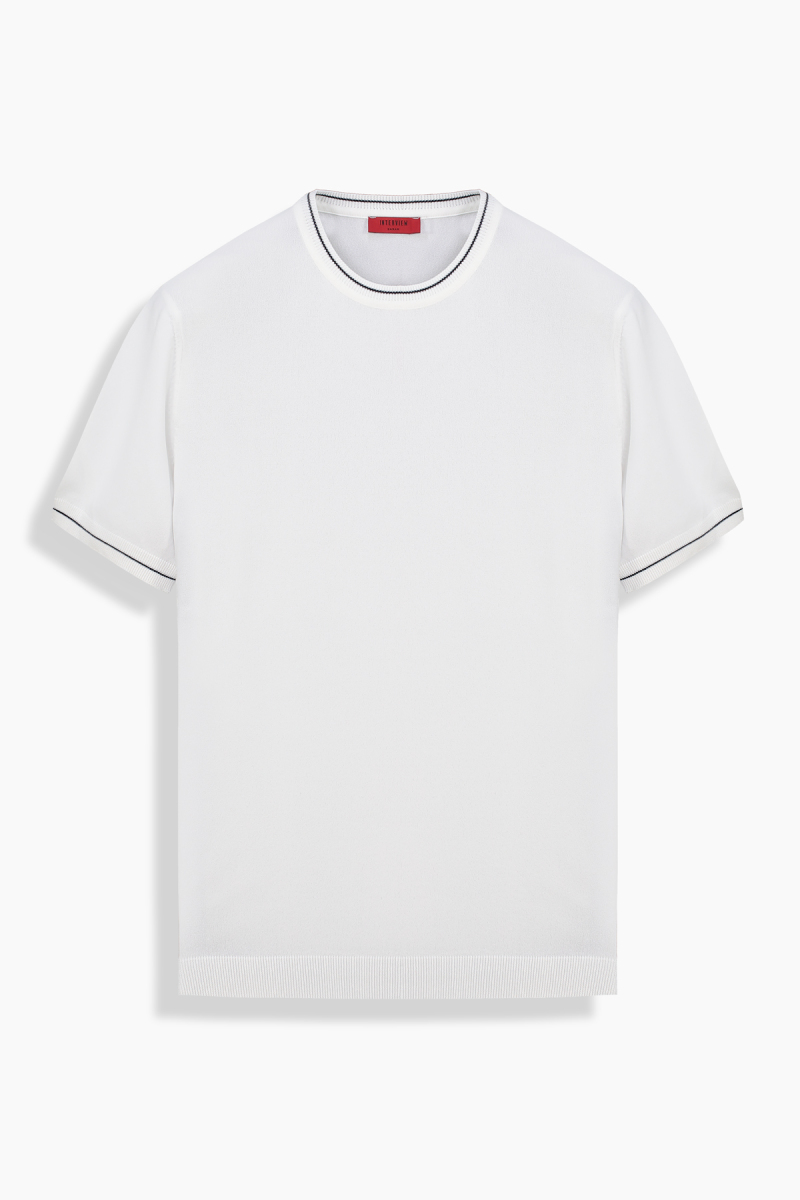 Bisiklet Yaka Desenli Ekru Triko Tişört - 1