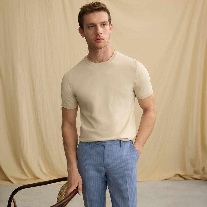 Bisiklet Yaka Kısa Kollu Bej Triko - 1