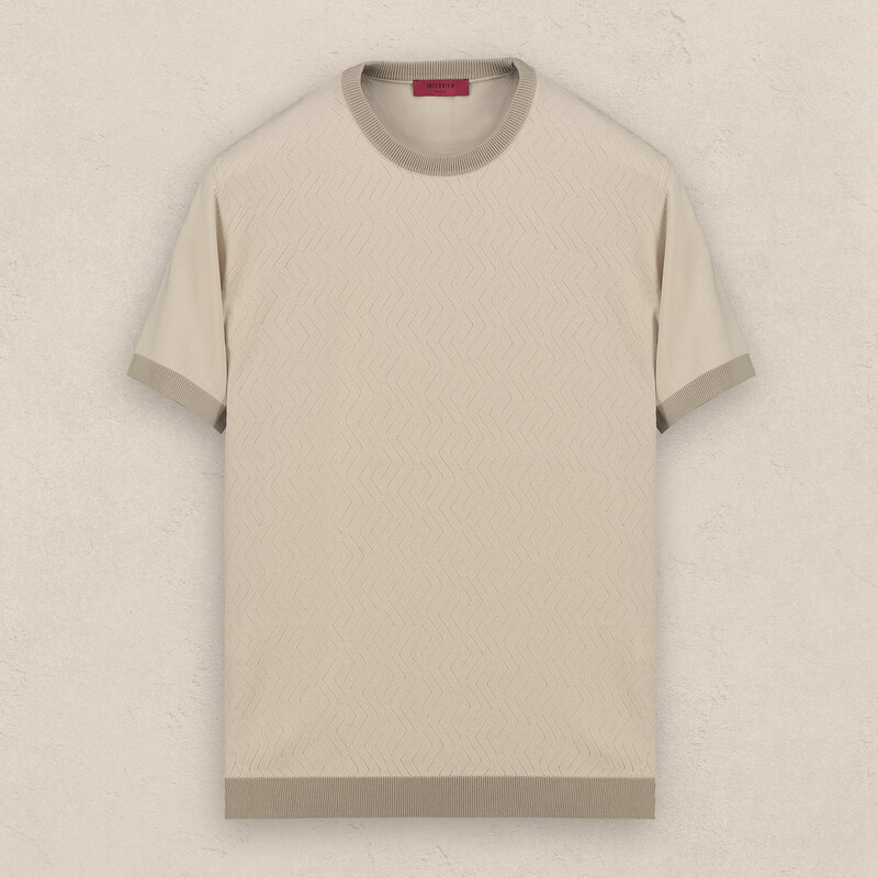 Bisiklet Yaka Kısa Kol Desenli Bej Triko - INTERVIEW