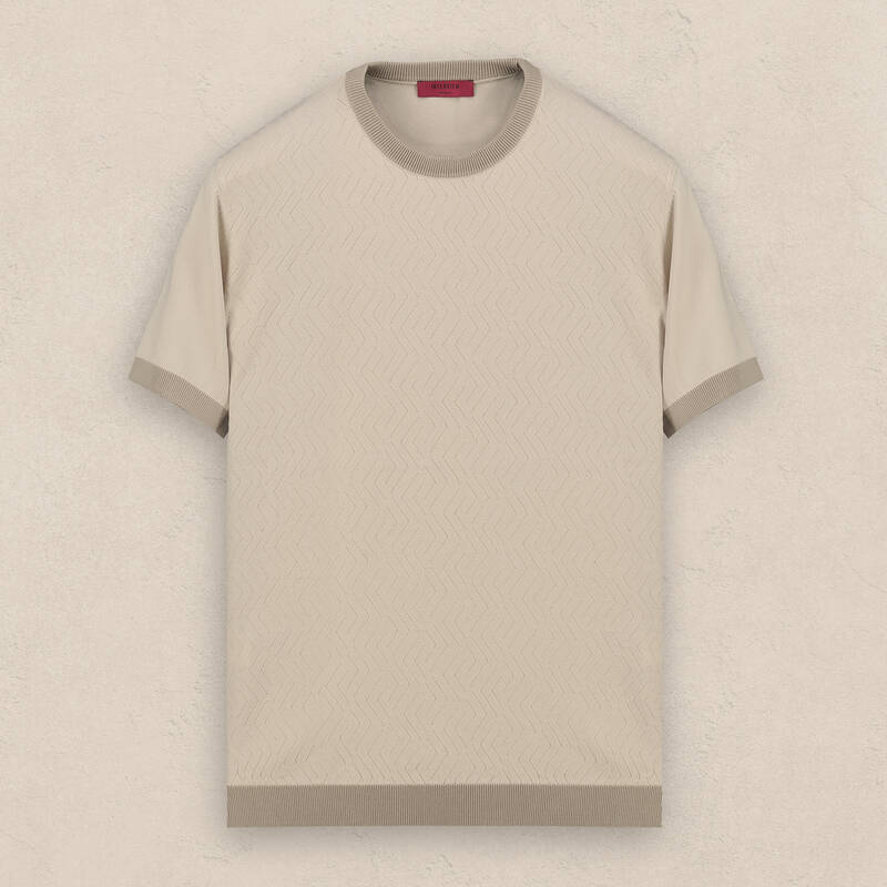 Bisiklet Yaka Kısa Kol Desenli Bej Triko - 3