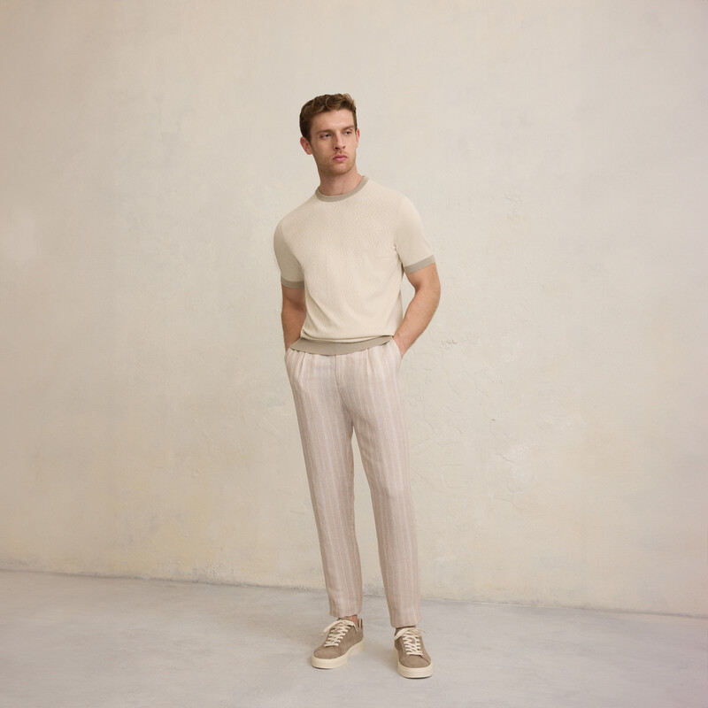 Bisiklet Yaka Kısa Kol Desenli Bej Triko 