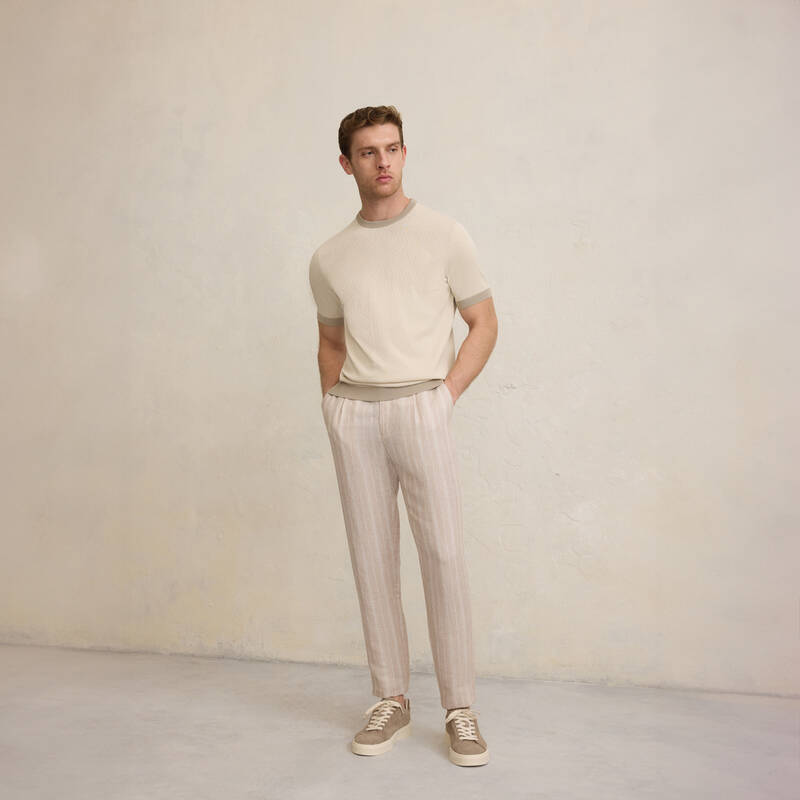 Bisiklet Yaka Kısa Kol Desenli Bej Triko - 1