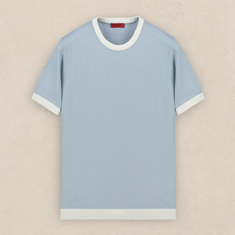 Bisiklet Yaka Kısa Kol Desenli Mavi Triko 