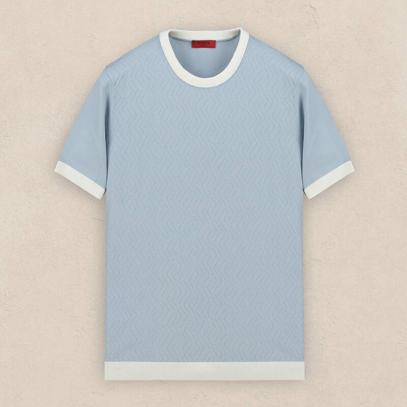 Bisiklet Yaka Kısa Kol Desenli Mavi Triko - 1