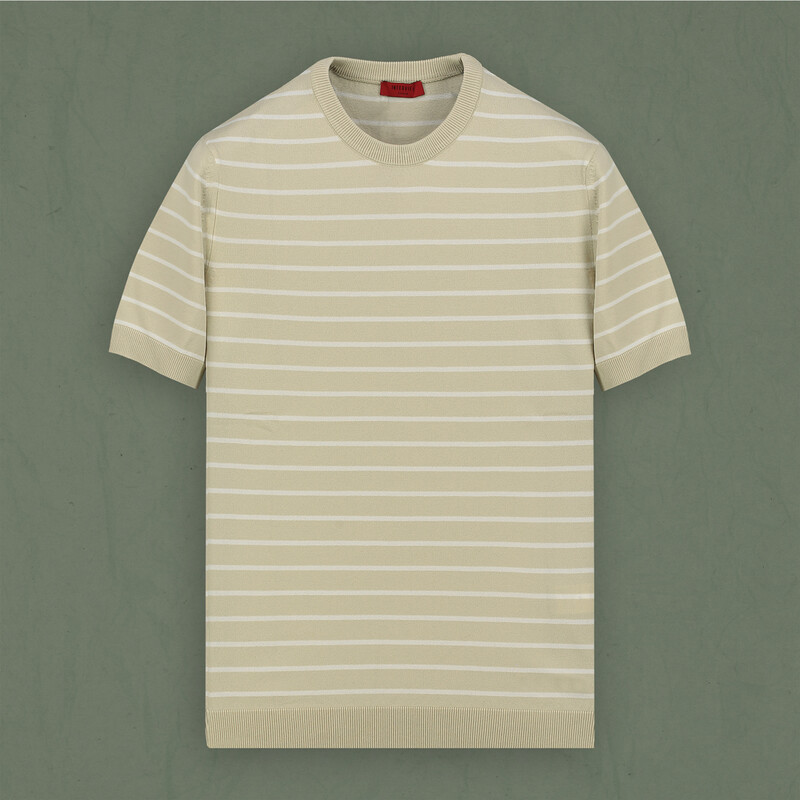 Bisiklet Yaka Kısa Kol Bej Çizgili Triko - INTERVIEW