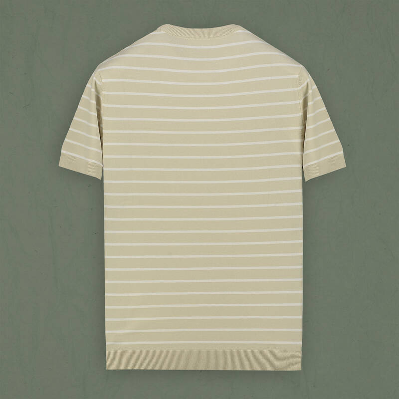 Bisiklet Yaka Kısa Kol Bej Çizgili Triko - 2