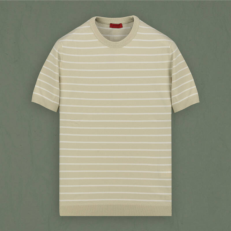 Bisiklet Yaka Kısa Kol Bej Çizgili Triko - 1