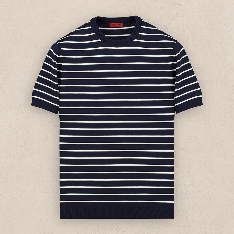 Bisiklet Yaka Kısa Kol Lacivert Çizgili Triko 