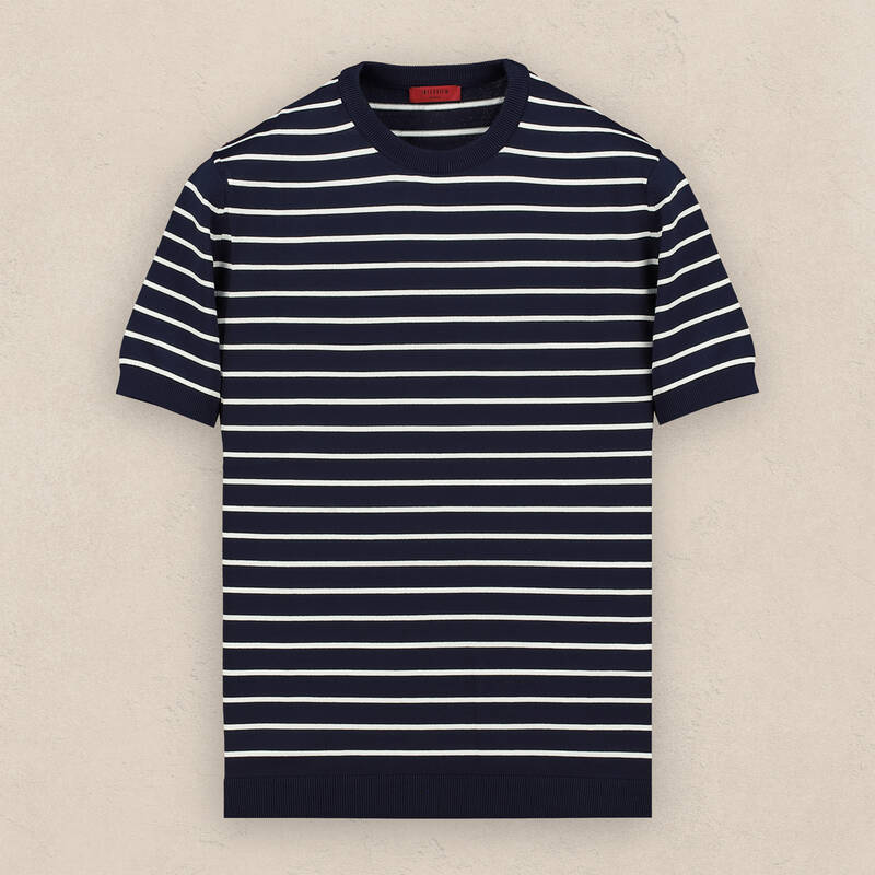 Bisiklet Yaka Kısa Kol Lacivert Çizgili Triko - 1