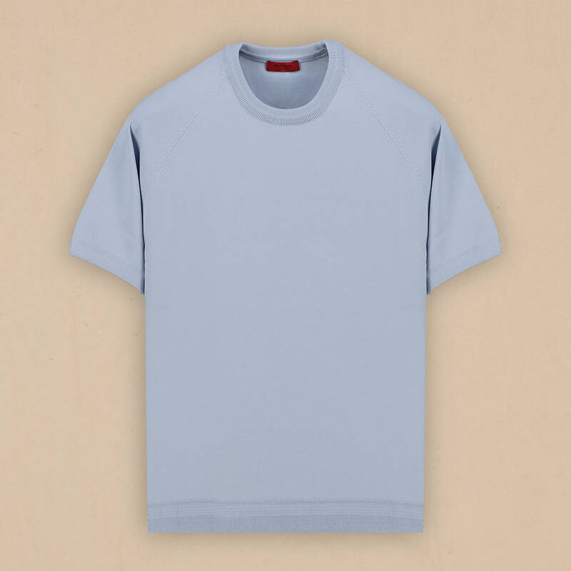 Kısa Kol Bisiklet Yaka Mavi Triko - 1