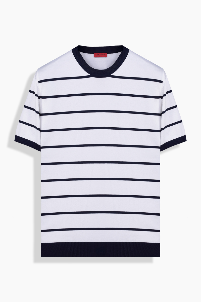 Bisiklet Yaka Çizgili Ekru Triko Tişört - 1