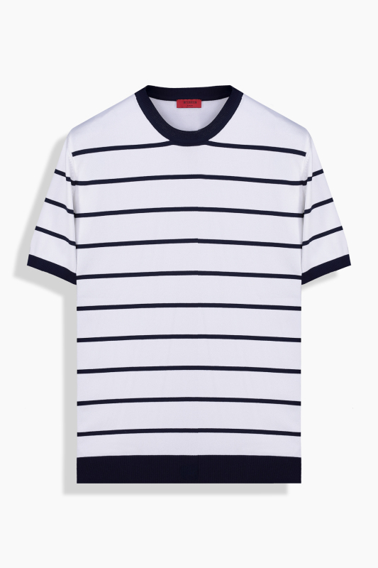 Bisiklet Yaka Çizgili Ekru Triko Tişört 